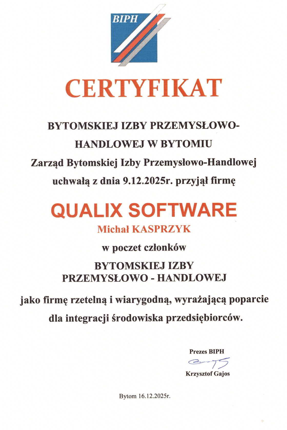 Certyfikat członka Bytomskiej Izby Przemysłowo-Handlowej